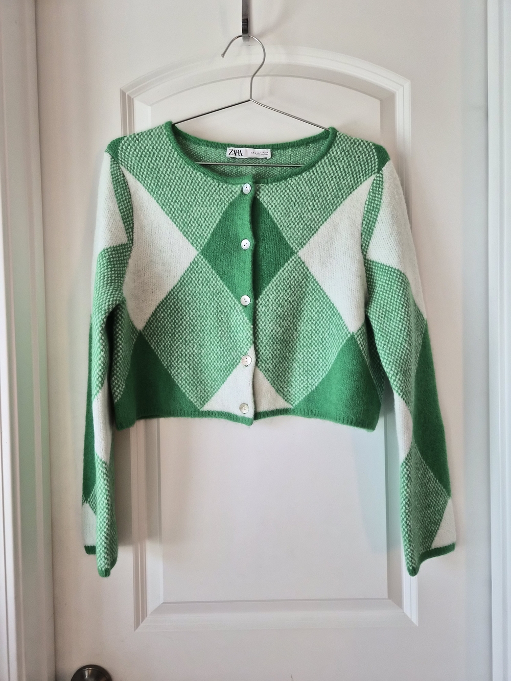Zara Green and White Argyle Cropped Cardigan